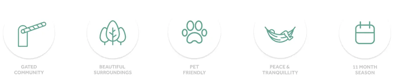 Gated Community Icon, Beautiful Surroundings Icon, Pet Friendly Icon, Peace & Tranquillity Icon, 11-Month Season Icon