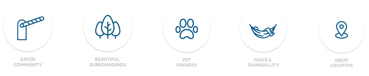 Pet-Friendly: Welcoming community for pets. Peace & Tranquillity: Peaceful, quiet environment for relaxation. Great Location: Located in a well-connected, scenic area. Gated Community: Secure living in a gated community. Beautiful Surroundings: Surrounded by beautiful, lush scenery.