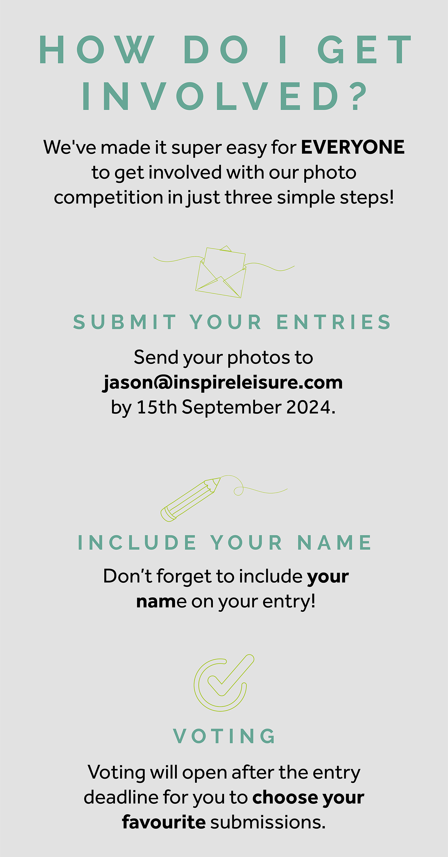 Graphic explaining how to get involved in a photo competition, with steps to submit, include your name, and vote.