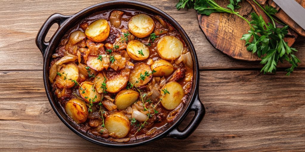 Lamb hotpot featuring sliced potatoes and onion gravy in a black dish on wooden surface garnished with herbs and pine wood backdrop Lamb hotpot